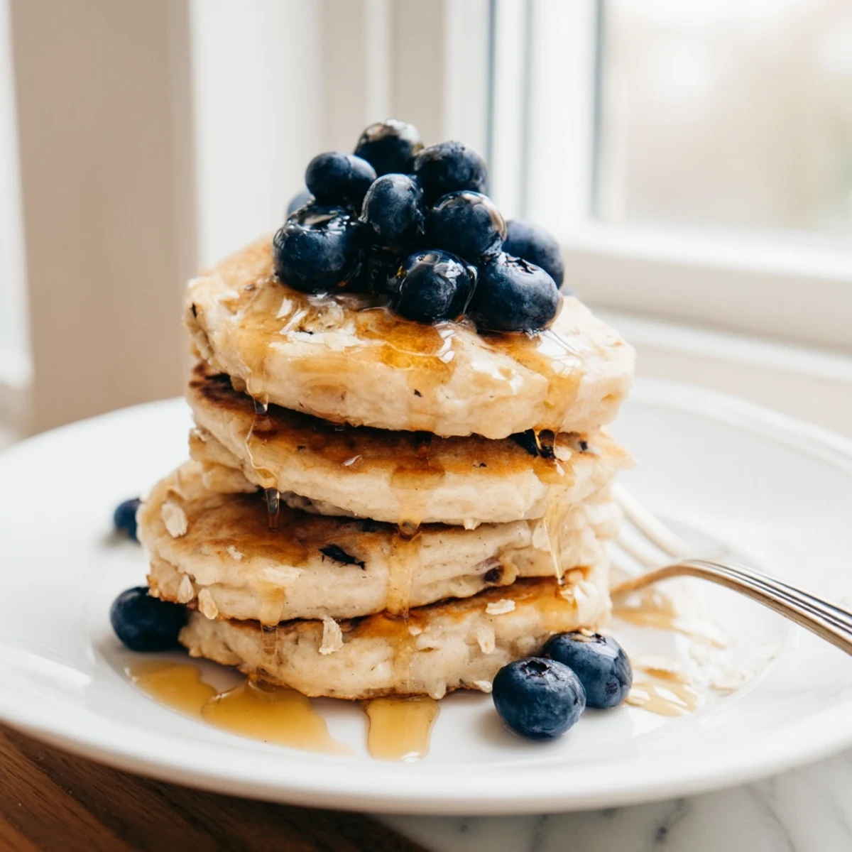 Golden brown protein banana pancakes cooking in a skillet with visible bubble texture