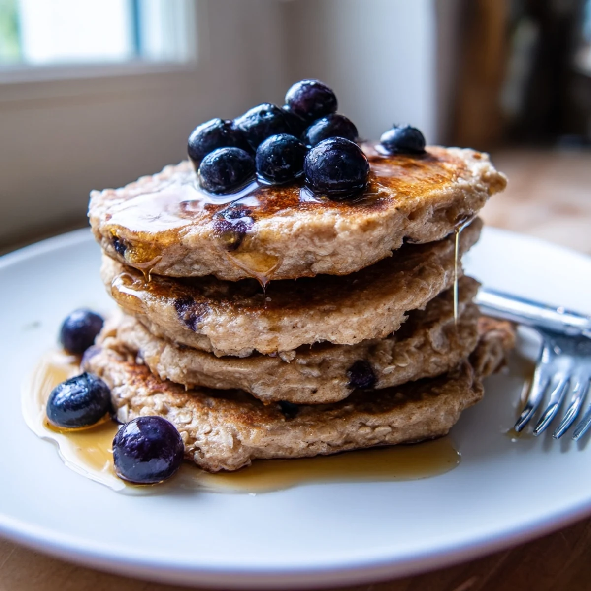 Plate of protein banana pancakes served with fresh berries and dusting of cinnamon