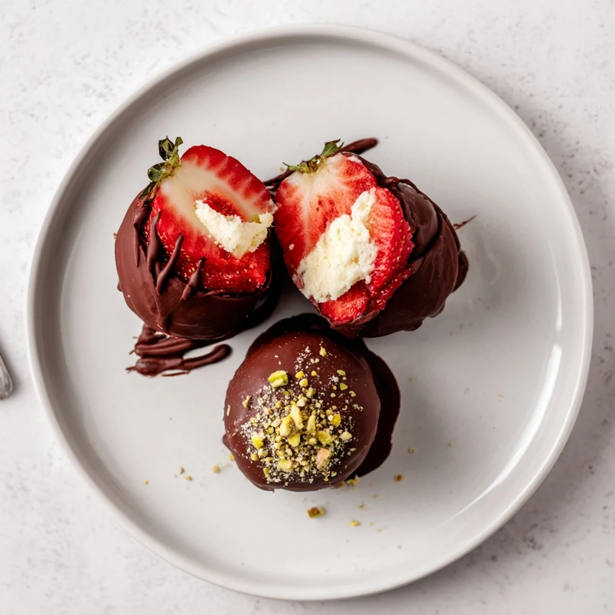 Chocolate coated Strawberry Bombs resting on parchment, glossy shells and pistachio sprinkle
