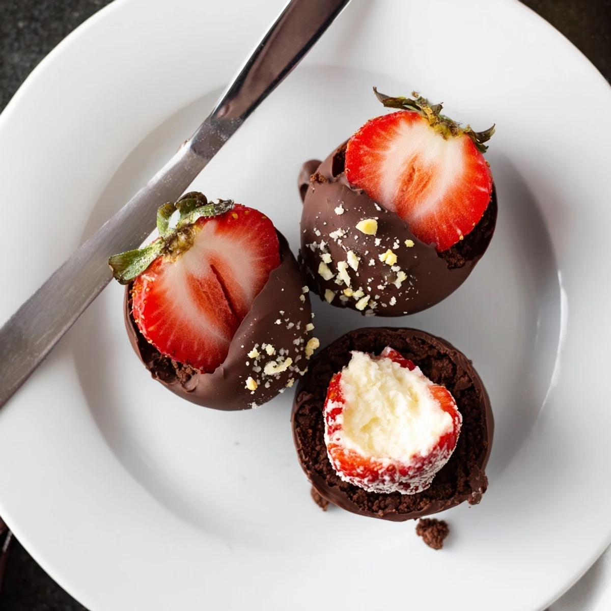 Cross section shows creamy filling in Strawberry Bombs, chilled and ready to serve