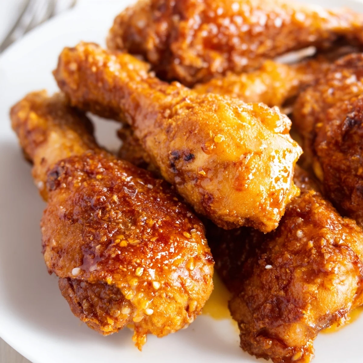 A plate of Spicy Honey Butter Fried Chicken beside tangy pickles and coleslaw