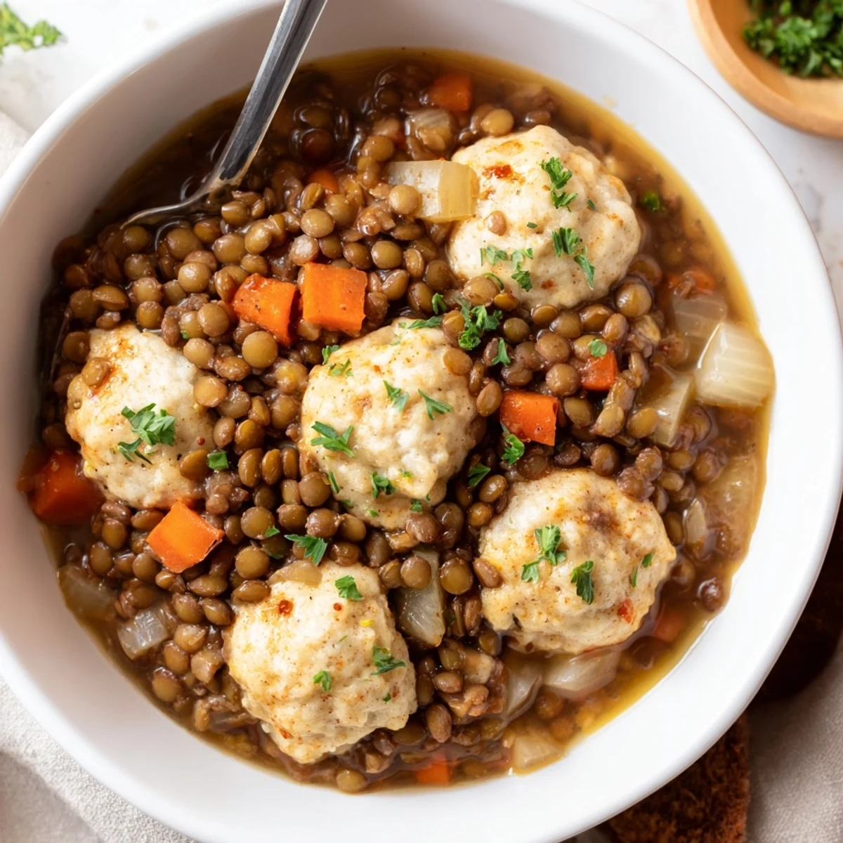 Steam rising from a bowl of Lentils With Dumplings, savory and herb-scented.