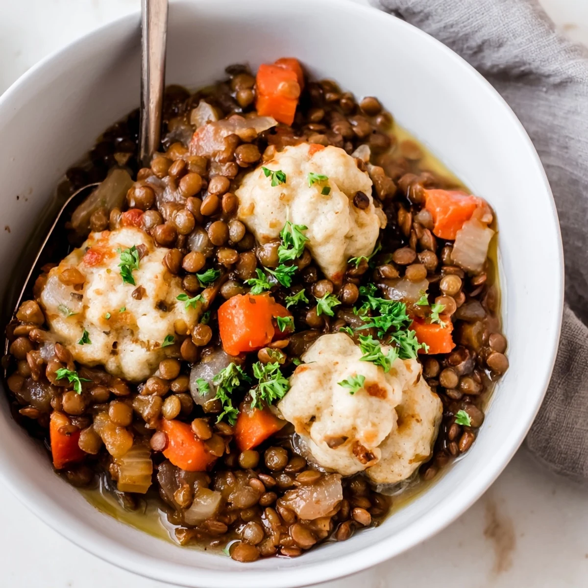 Lentils With Dumplings simmering in vegetable broth, tender lentils topped with dumplings.