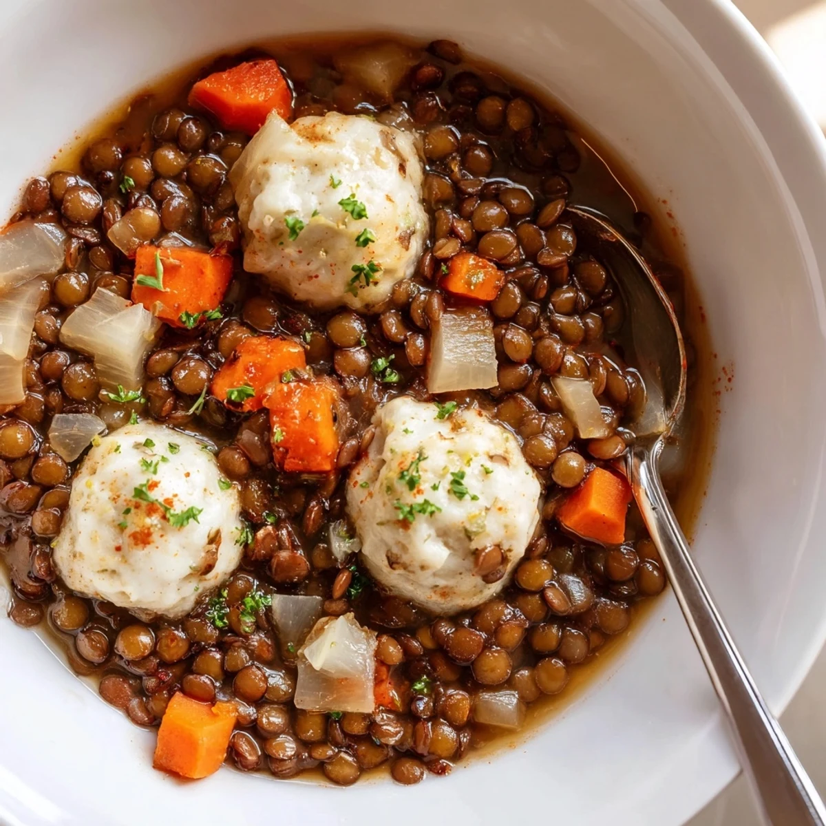 Hearty bowl of Lentils With Dumplings, fluffy dumplings, lemon squeeze and parsley.