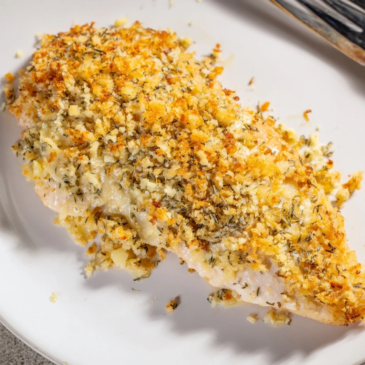 Pan-seared Longhorn Steakhouses Parmesan Crusted Chicken topped with creamy cheesy crust
