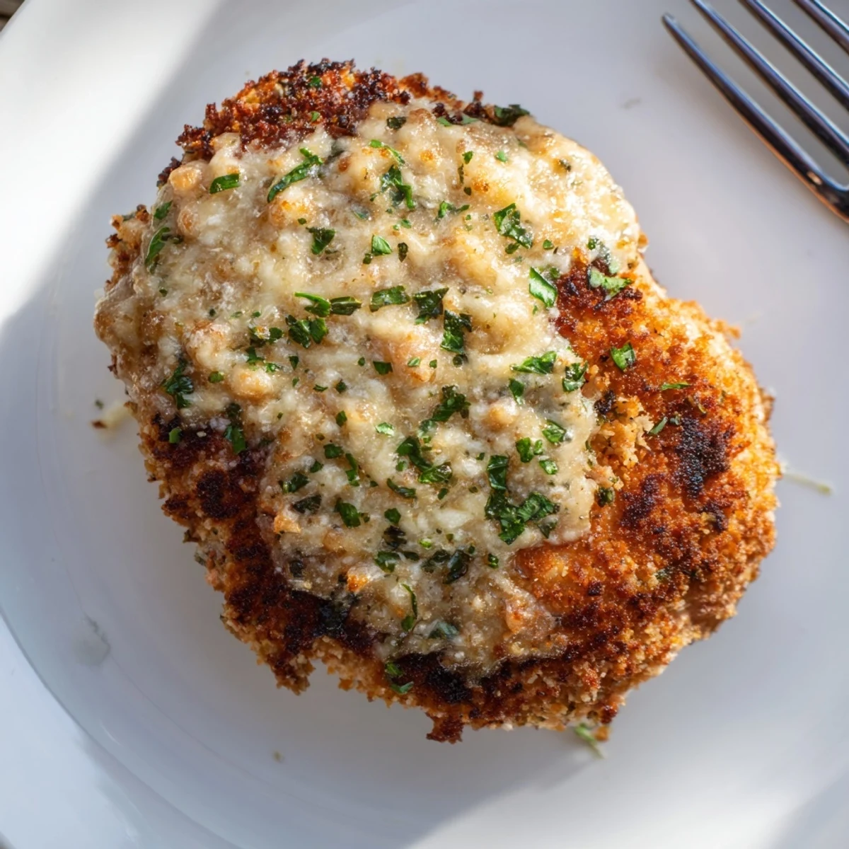 Juicy Longhorn Steakhouses Parmesan Crusted Chicken resting, aromatic herb notes, crisp salad