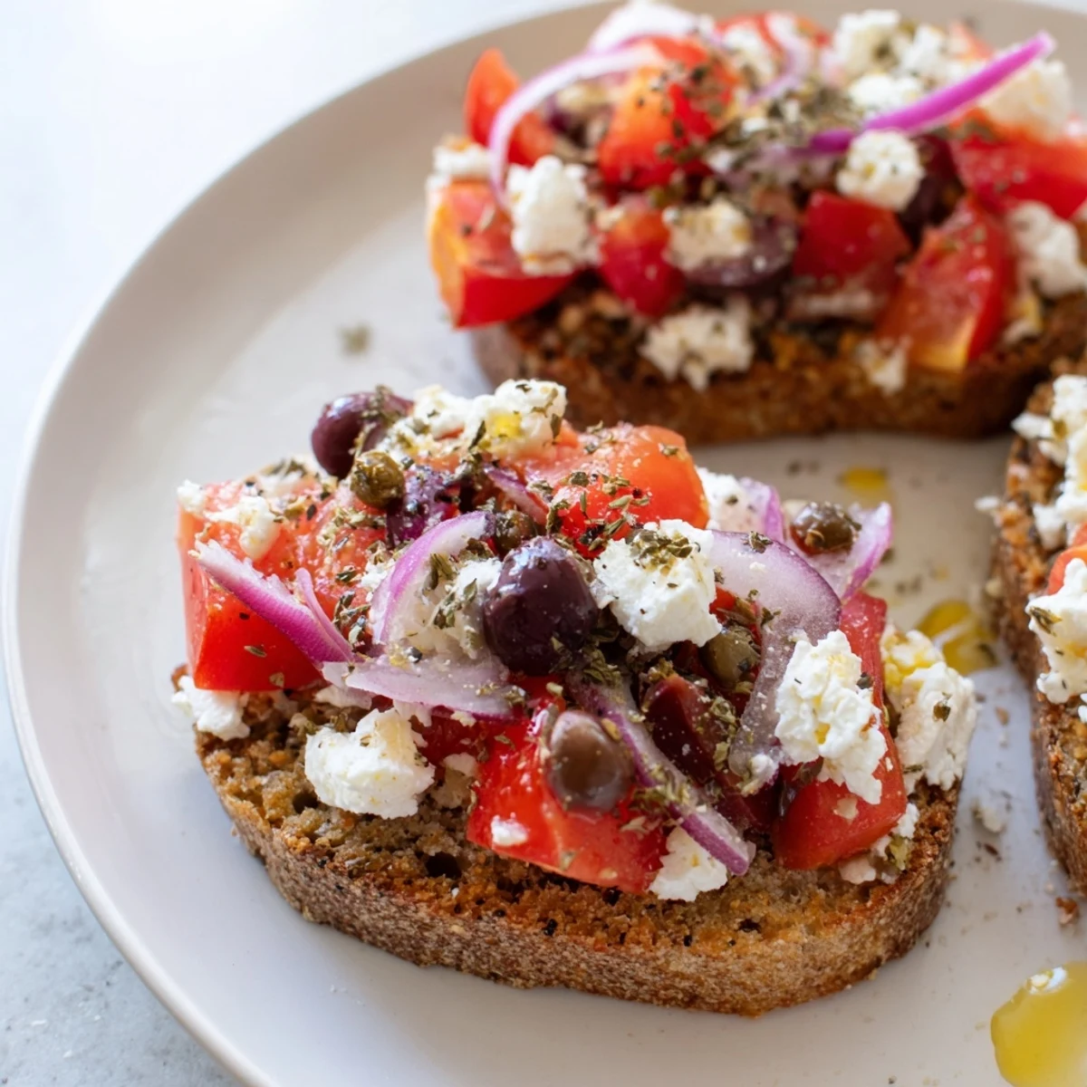 Golden crispy Cretan feta rusks topped with diced tomatoes, olives, and fresh oregano