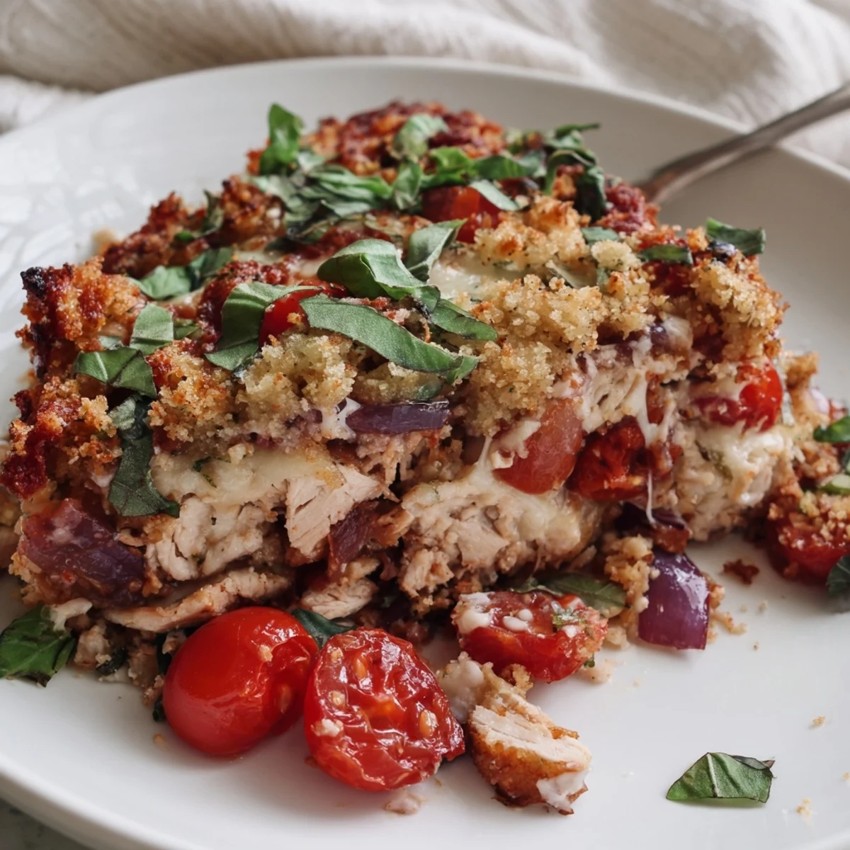 Golden baked Chicken Bruschetta Casserole topped with melted mozzarella and fresh tomatoes