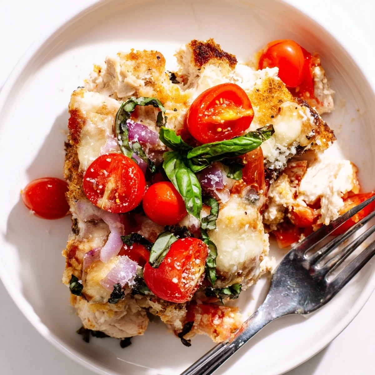 Juicy Chicken Bruschetta Casserole with crispy breadcrumb topping fresh from the oven