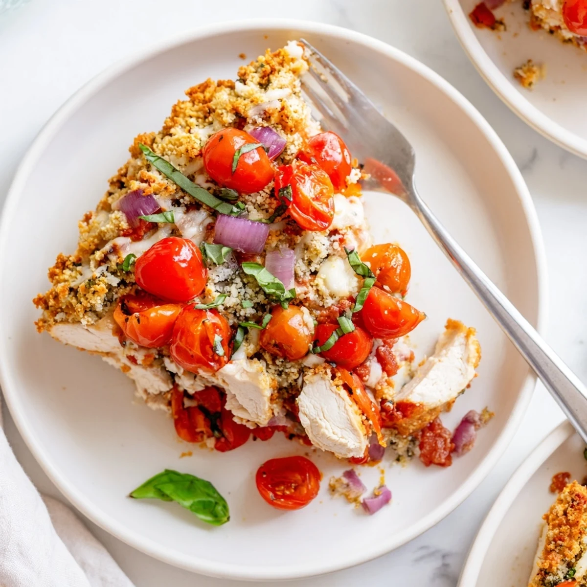 Steaming Chicken Bruschetta Casserole layered with Italian herbs tomatoes and gooey cheese