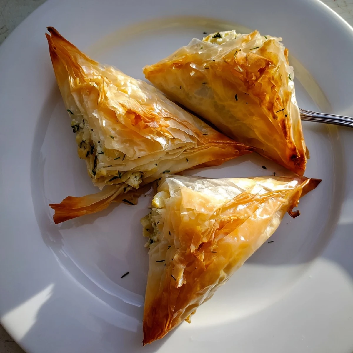 Golden Artichoke and Graviera filo puffs arranged on parchment, steam rising from flaky layers