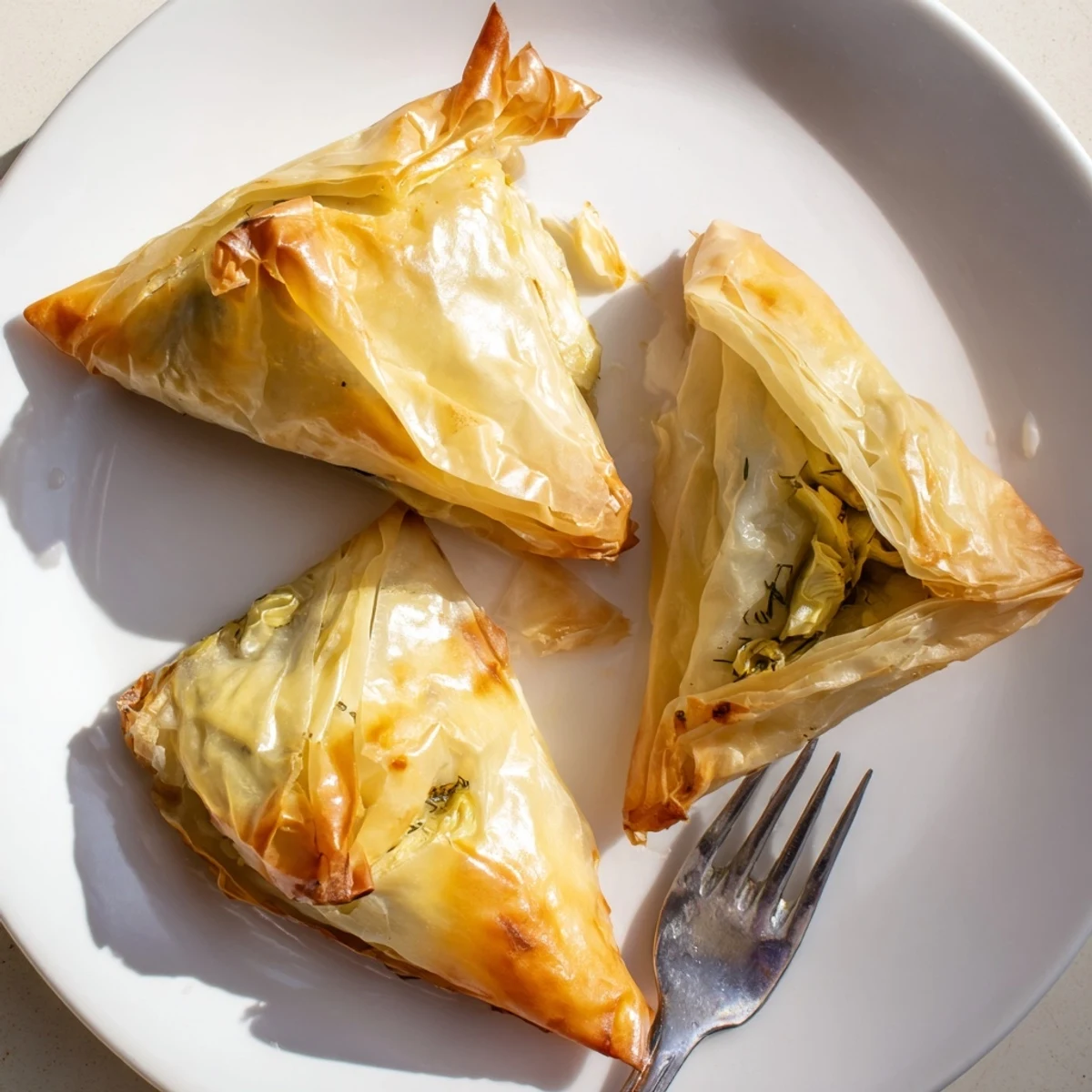Close-up of Artichoke and Graviera filo puffs with melted cheese oozing from golden pastry triangles