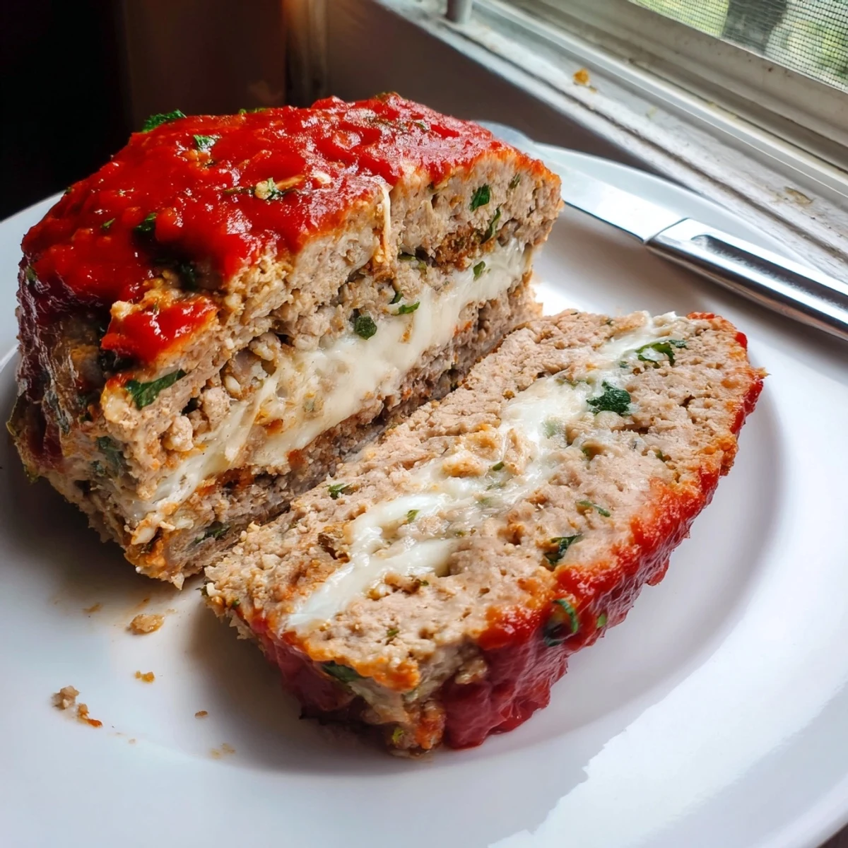 Hearty Parmesan chicken meatloaf garnished with fresh parsley served alongside roasted potatoes