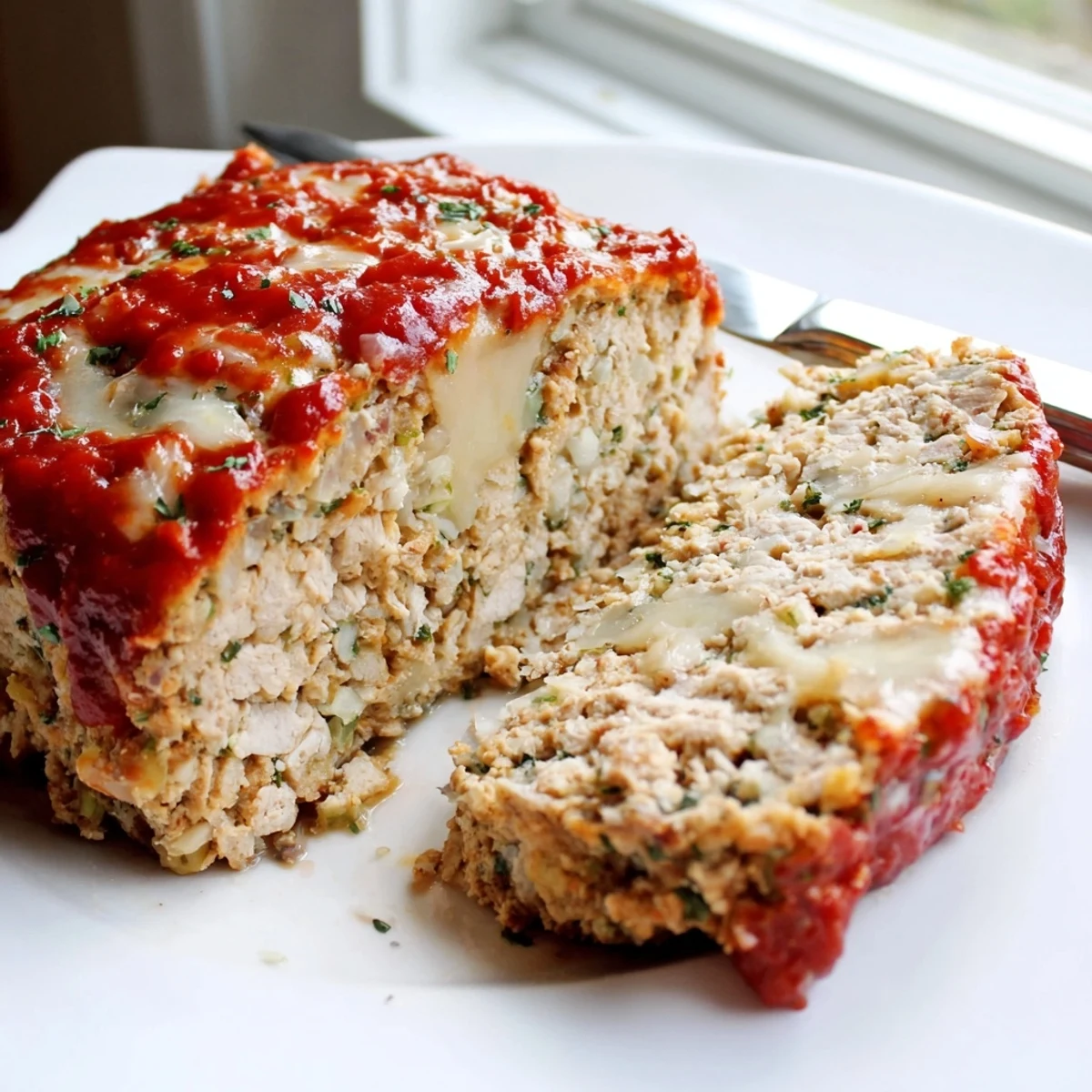 Juicy Parmesan chicken meatloaf fresh from the oven topped with bubbling mozzarella cheese