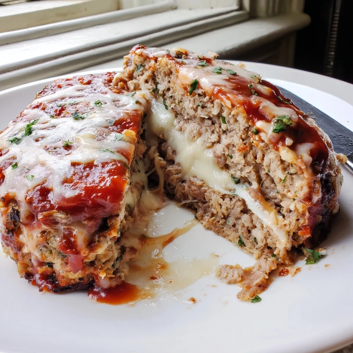 Golden Parmesan chicken meatloaf sliced thick with marinara sauce on a rustic plate