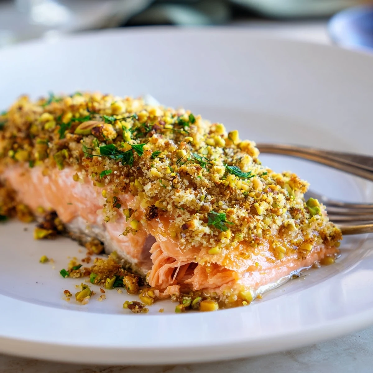 Golden maple pistachio salmon fillet with a crunchy nut crust on parchment paper