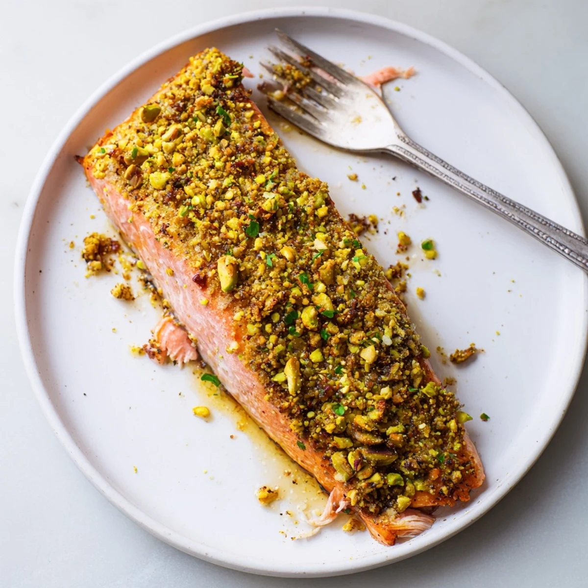 Baked maple pistachio salmon glazed and garnished with bright lemon wedges alongside roasted vegetables