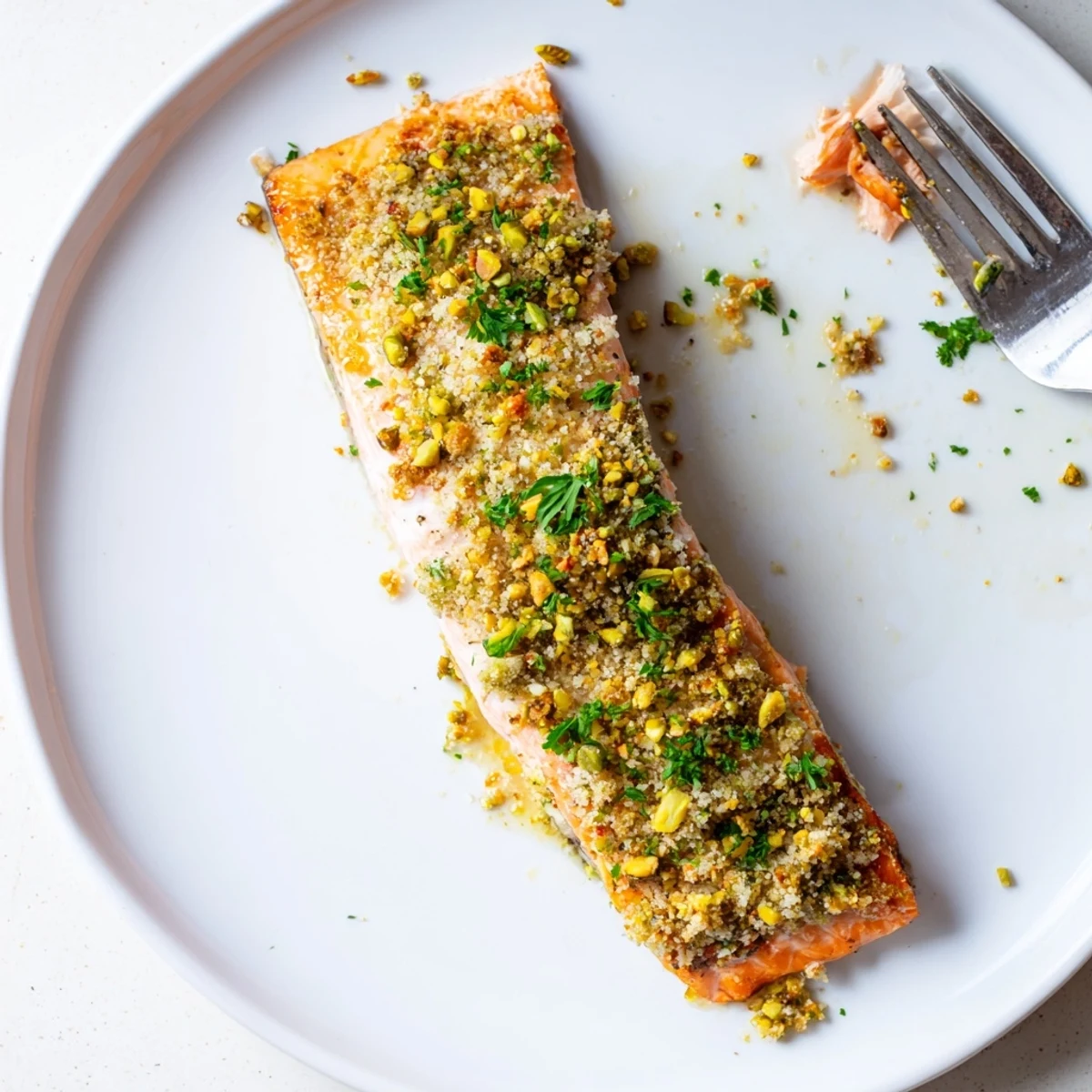 Close-up of maple pistachio salmon showing flaky tender fish beneath a golden pistachio topping