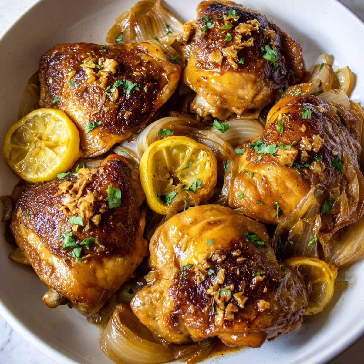 Golden ginger garlic chicken thighs bake with crispy skin on a rustic sheet pan