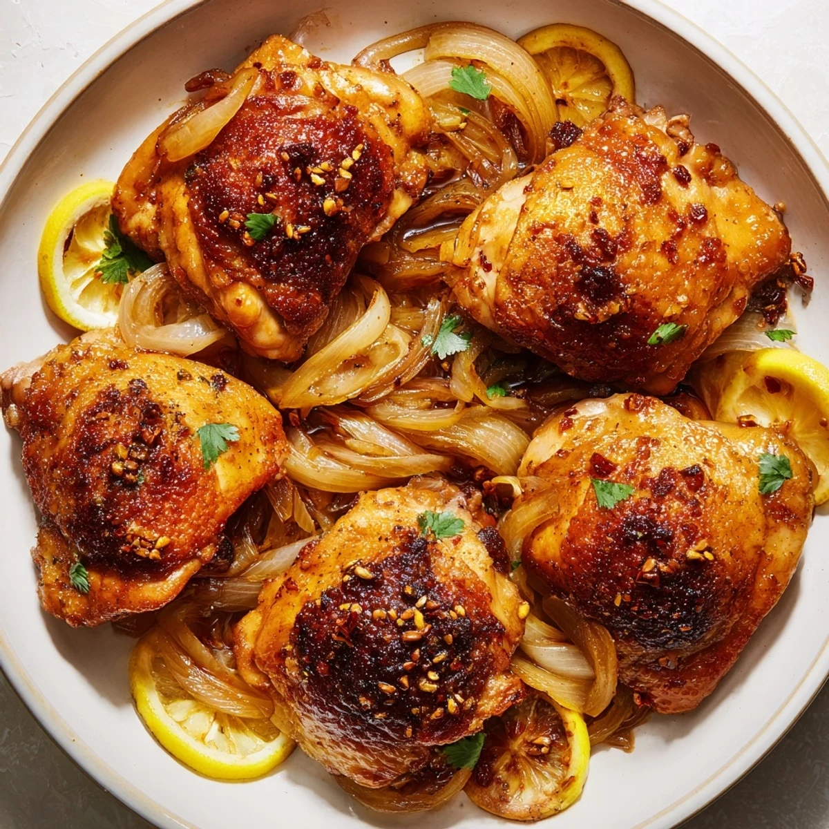 Juicy ginger garlic chicken thighs bake surrounded by caramelized onions and lemon slices