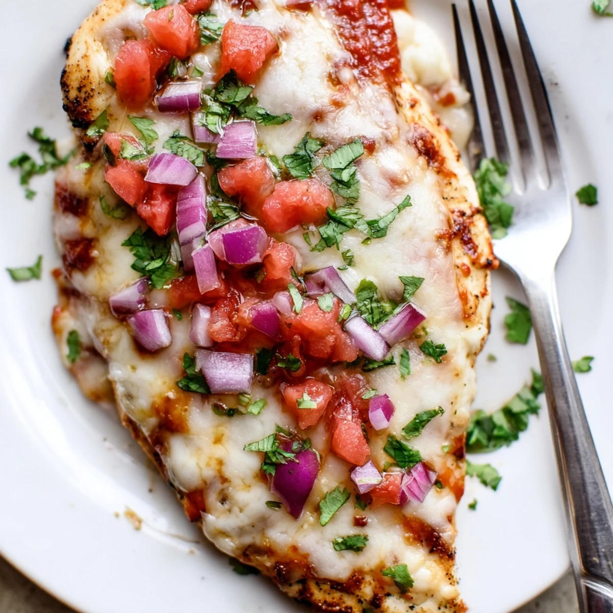 Juicy grilled salsa verde pepper jack chicken with bubbling melted cheese and vibrant cilantro garnish
