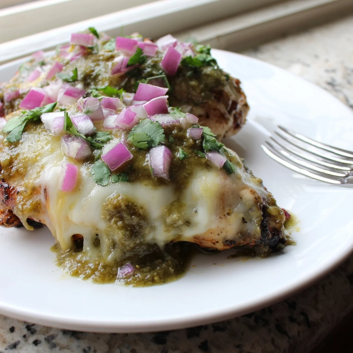 Smoky salsa verde pepper jack chicken sliced open showing tender meat draped in gooey melted cheese