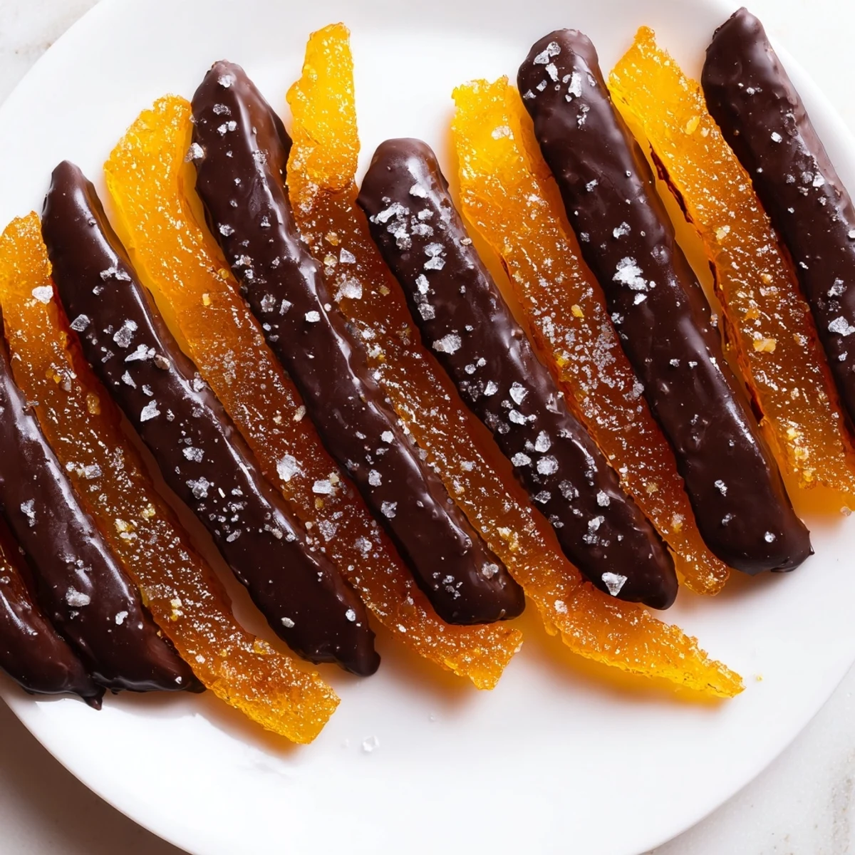 Glistening chocolate covered orange peels arranged on parchment with flaky sea salt