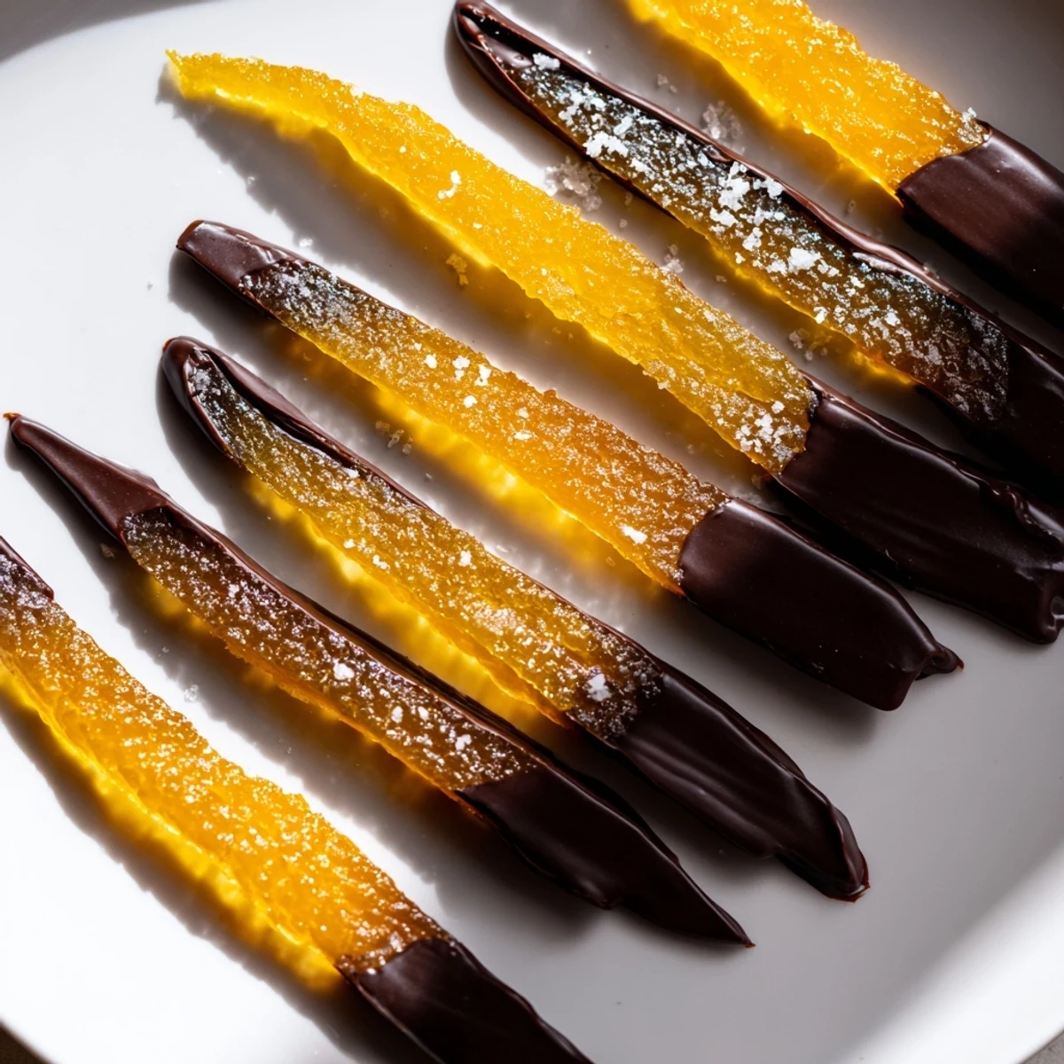 Candied orange strips half-dipped in dark chocolate resting on a wire rack