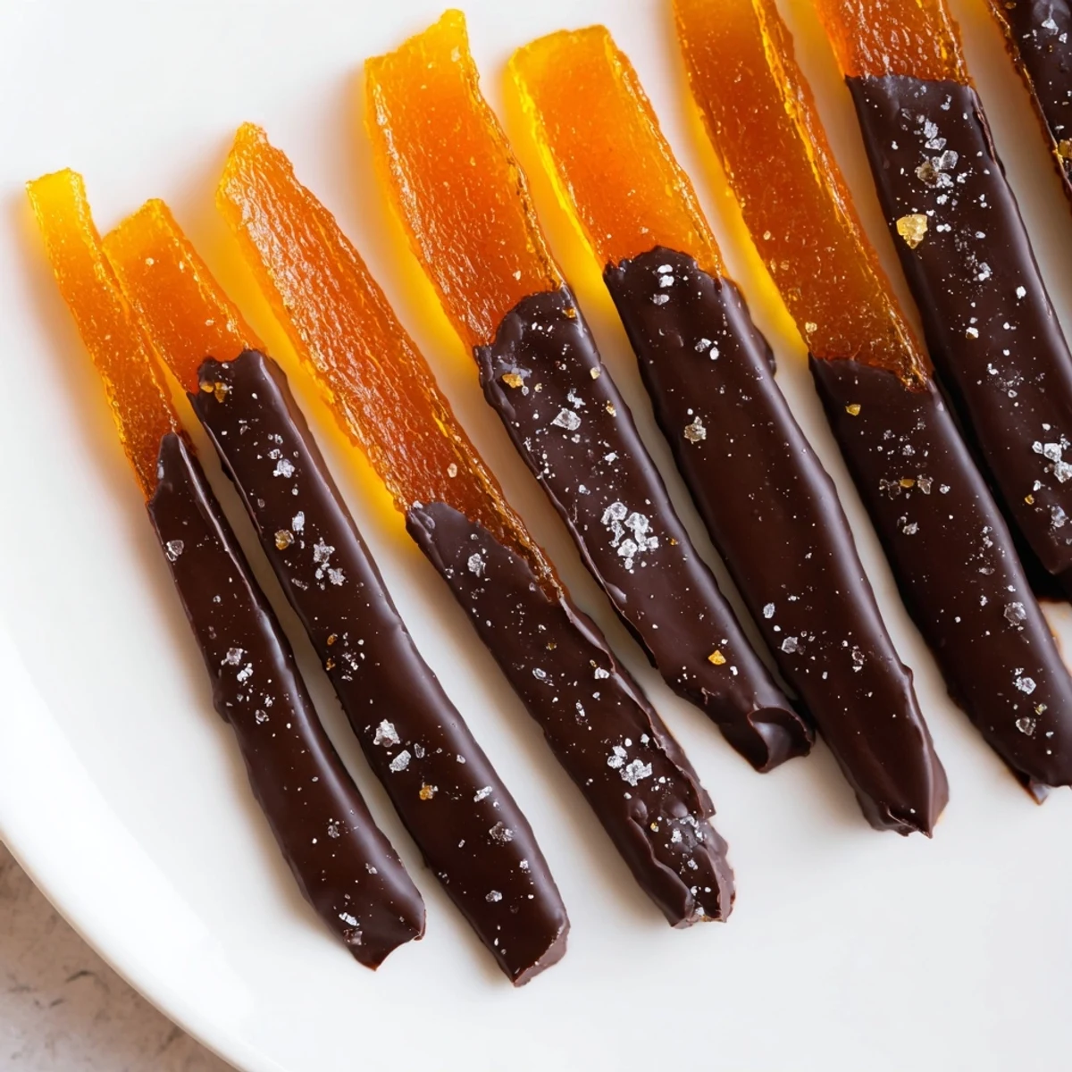 Platter of glossy chocolate covered orange peels dusted with sparkling sea salt