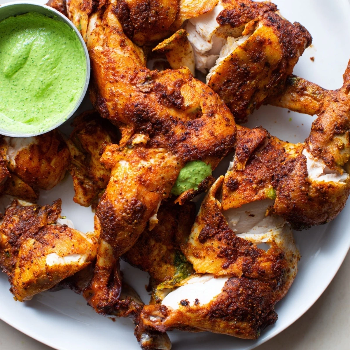 Golden crispy Peruvian chicken delight carved on a wooden cutting board with herbs