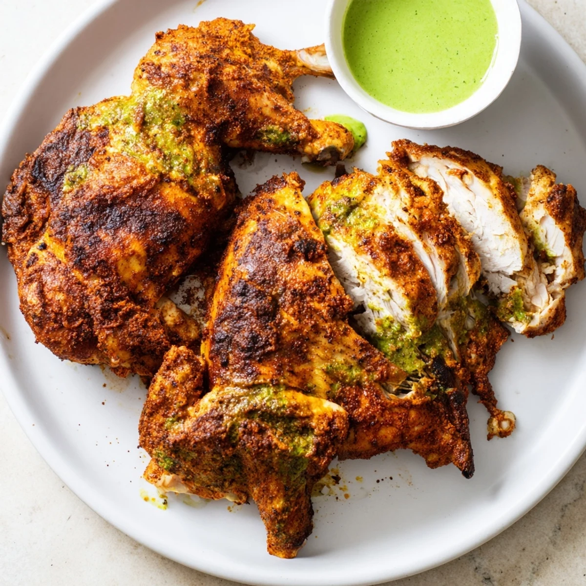 Vibrant Peruvian chicken delight with charred spice-rubbed skin served fresh from the oven