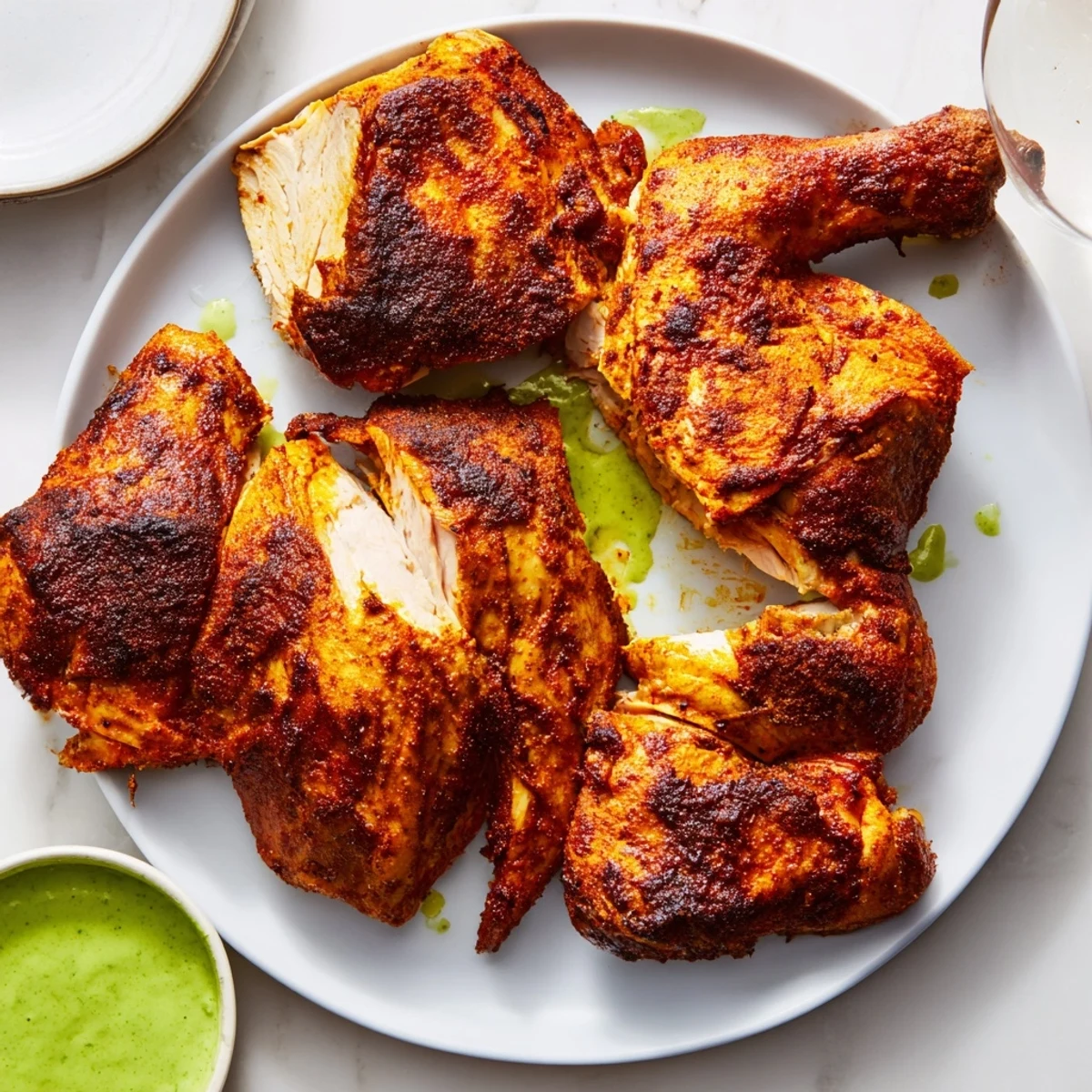 Juicy Peruvian chicken delight plated alongside roasted potatoes and bright green aji verde sauce