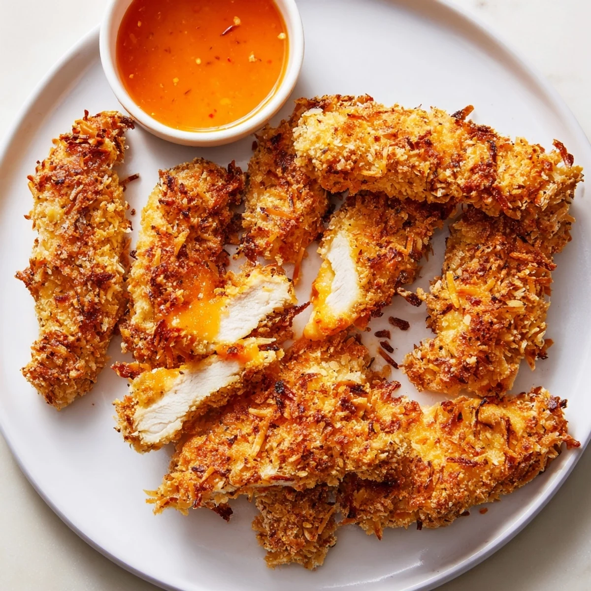 Golden crunchy coconut chicken strips served with sweet chili dipping sauce