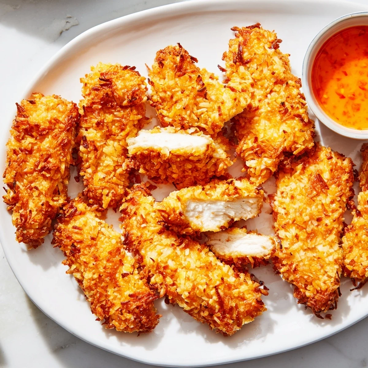 Crispy coconut chicken tenders fresh from the oven on a parchment-lined sheet
