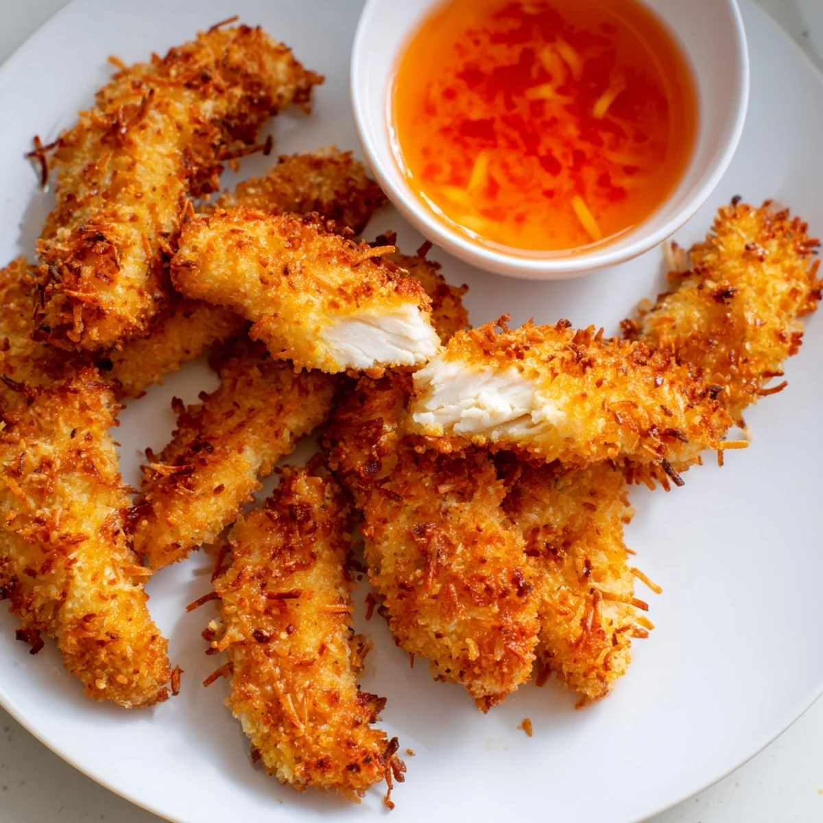 Crunchy coconut chicken plated alongside a fresh salad and mango chutney