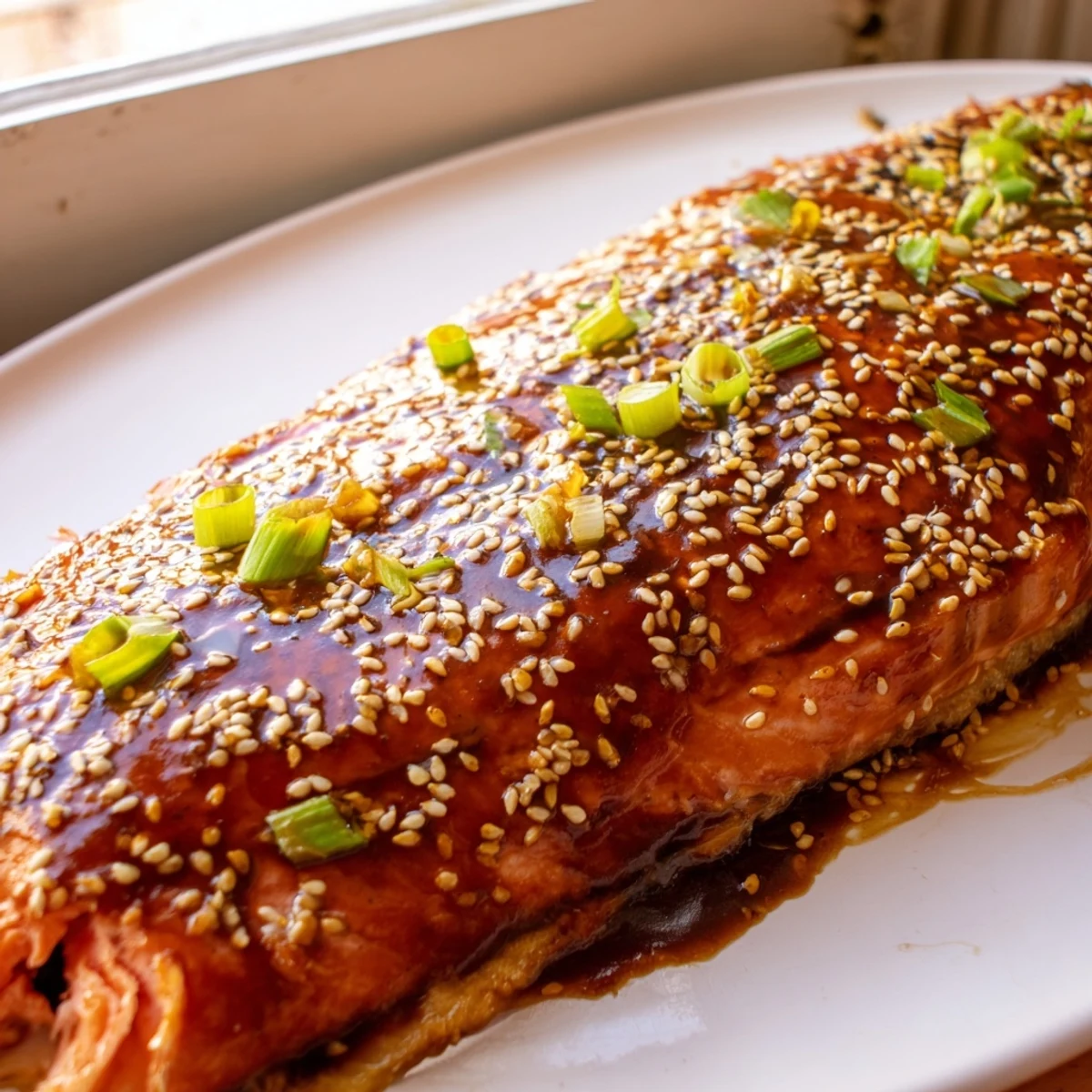 Glossy baked Asian salmon with a caramelized glaze, garnished with sesame seeds and green onions