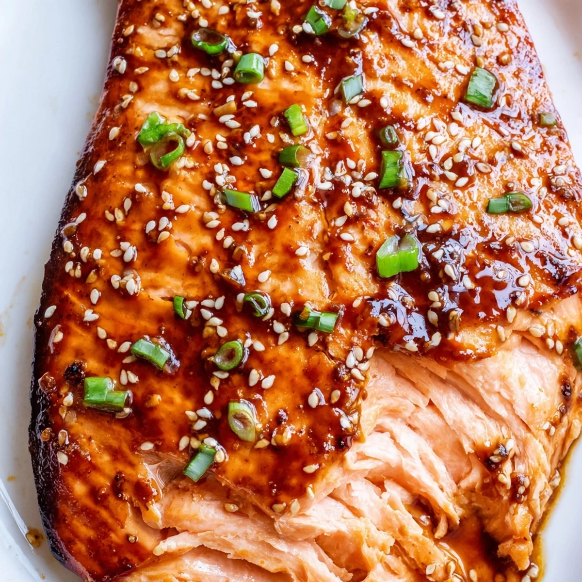 Flaky baked Asian salmon fillets dripping with sticky soy-ginger sauce on a parchment-lined tray