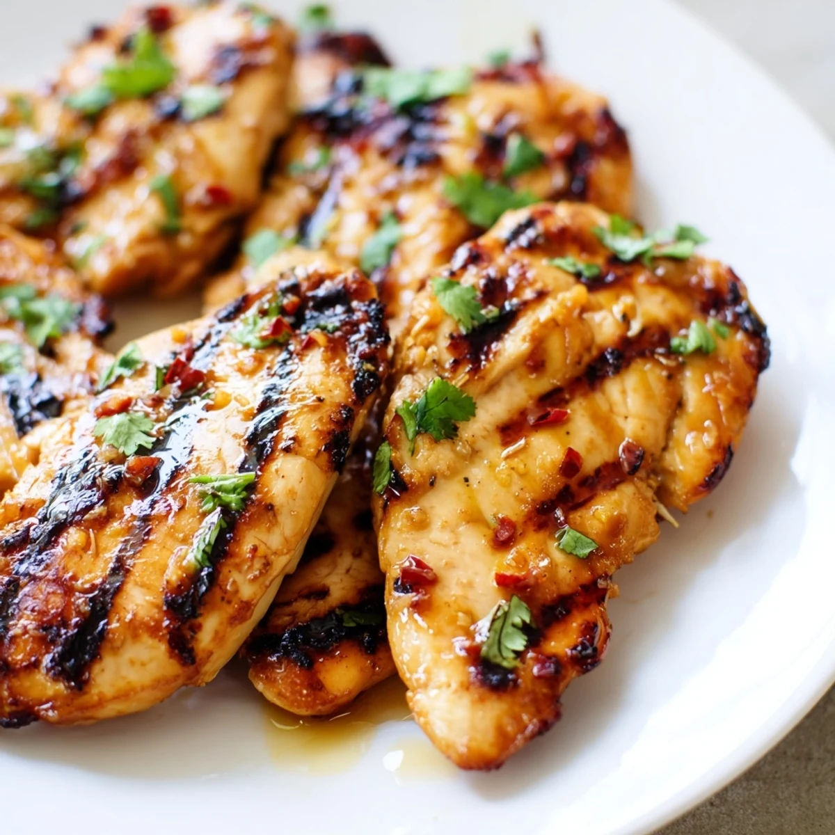 Honey lime chicken breasts glazed in sticky sweet marinade resting on a white platter