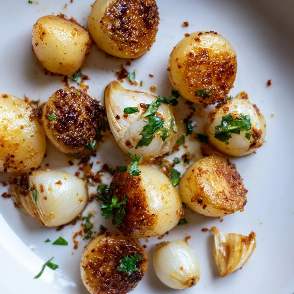 Golden crispy air fried pearl onions seasoned with smoked paprika served hot