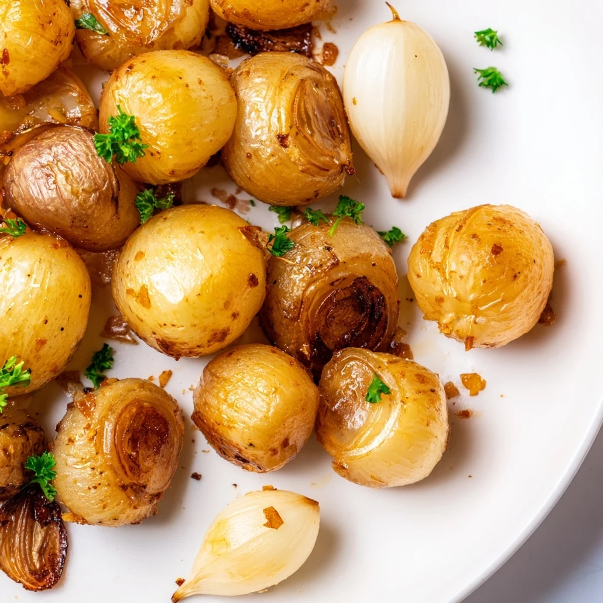Crunchy air fried pearl onions in a bowl garnished with fresh parsley