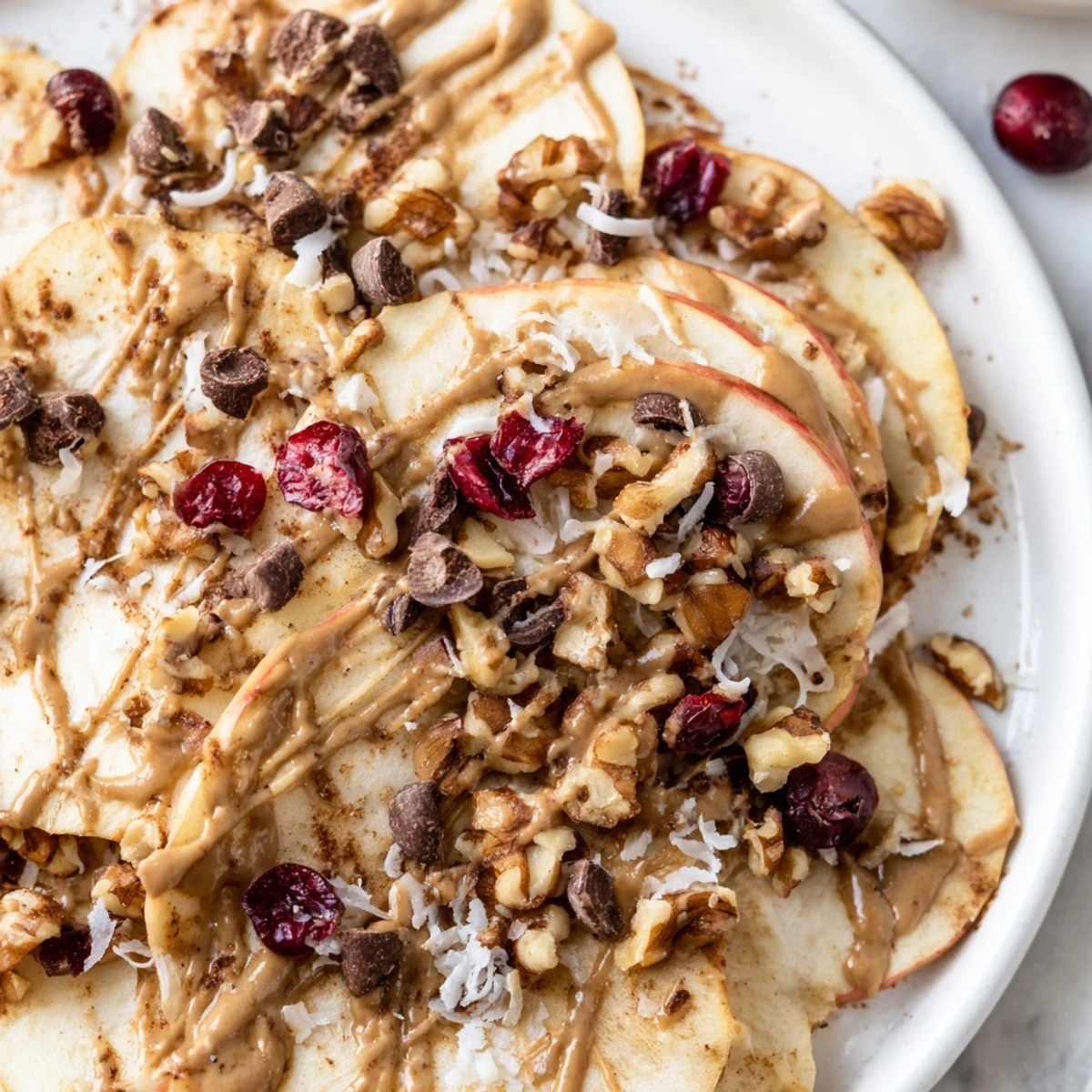 Golden apple slices piled high with chocolate chips and sweet cinnamon tahini drizzle