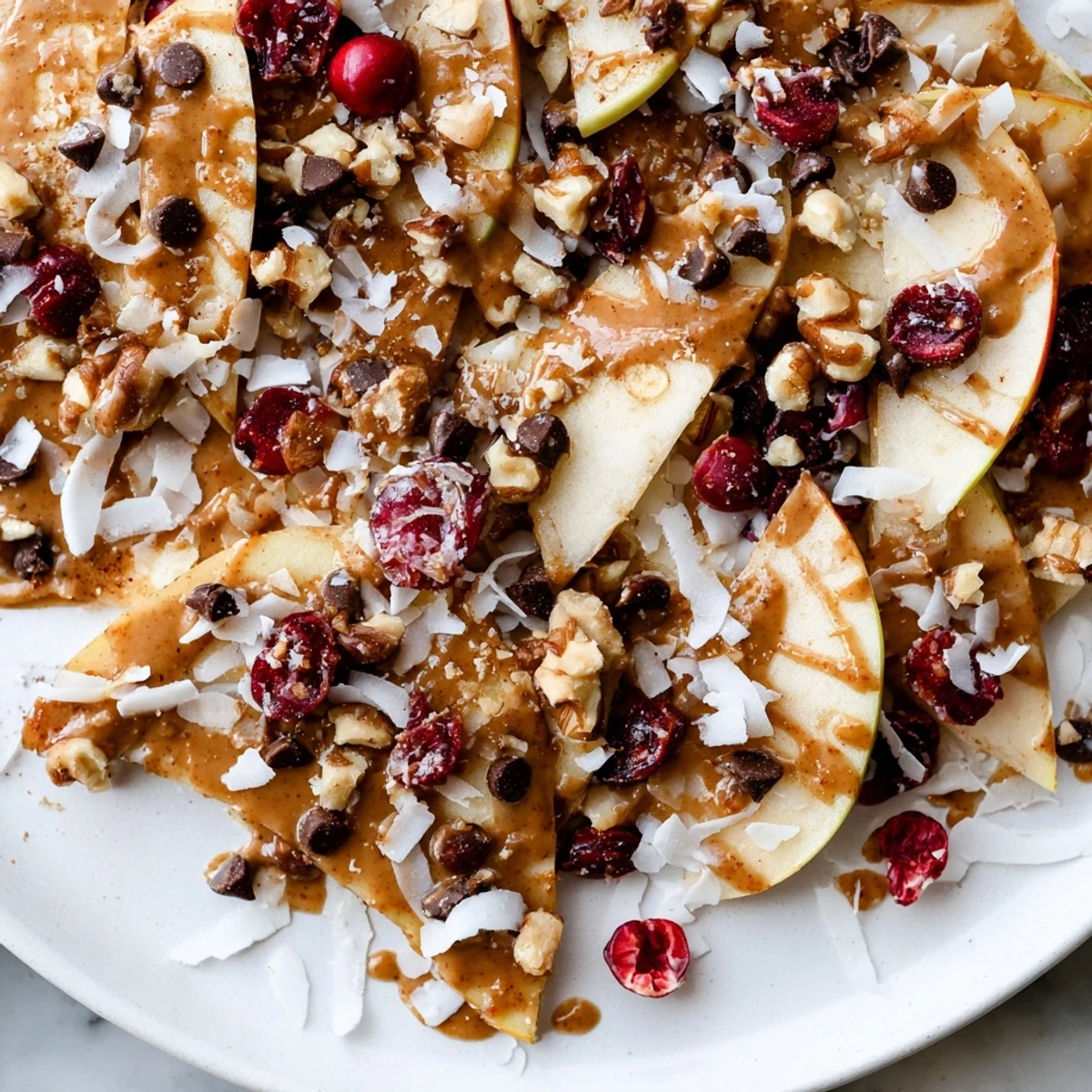Crispy apple nachos drizzled with warm cinnamon tahini and topped with crunchy nuts