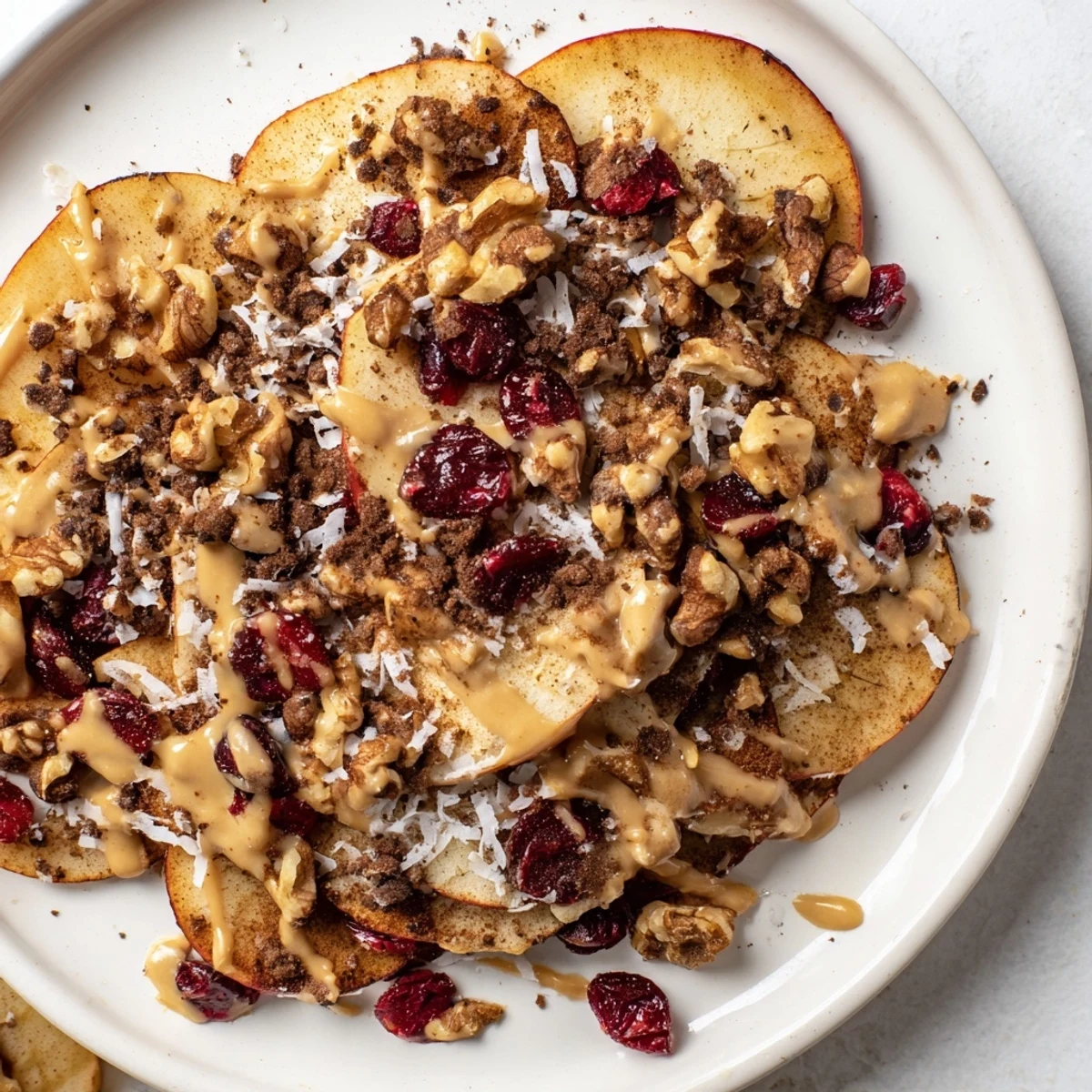 Crispy apple nachos layered with coconut cranberries and a creamy spiced tahini sauce