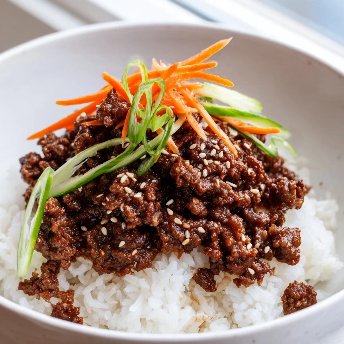 Korean ground beef bowl glistening with sesame oil over fluffy white rice