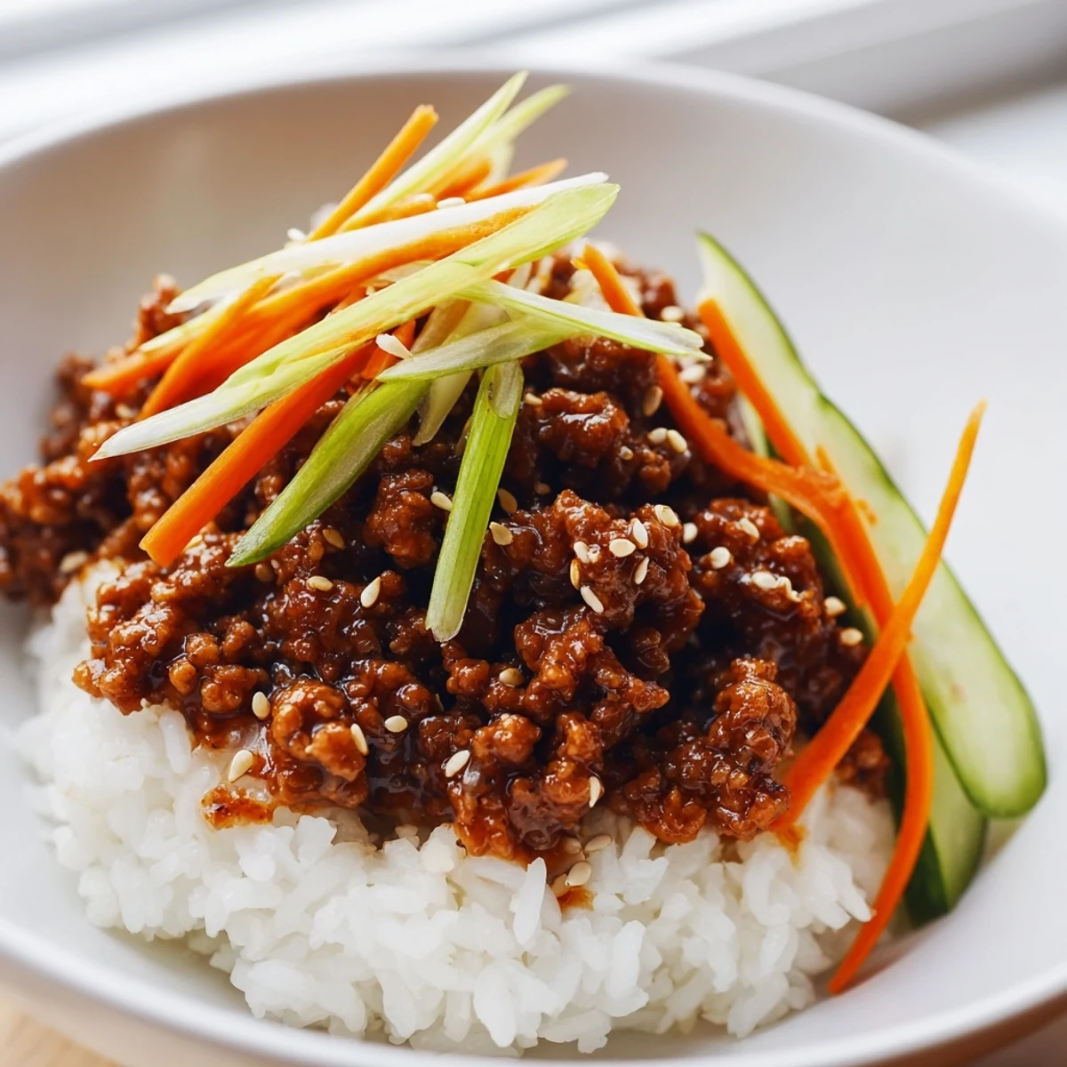 Steaming Korean ground beef bowl garnished with julienned carrots and sliced spring onions