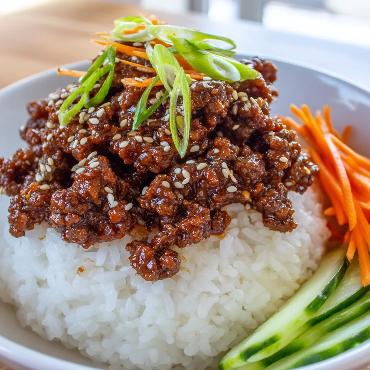 Savory sweet Korean ground beef bowl topped with fresh cucumber and sesame seeds