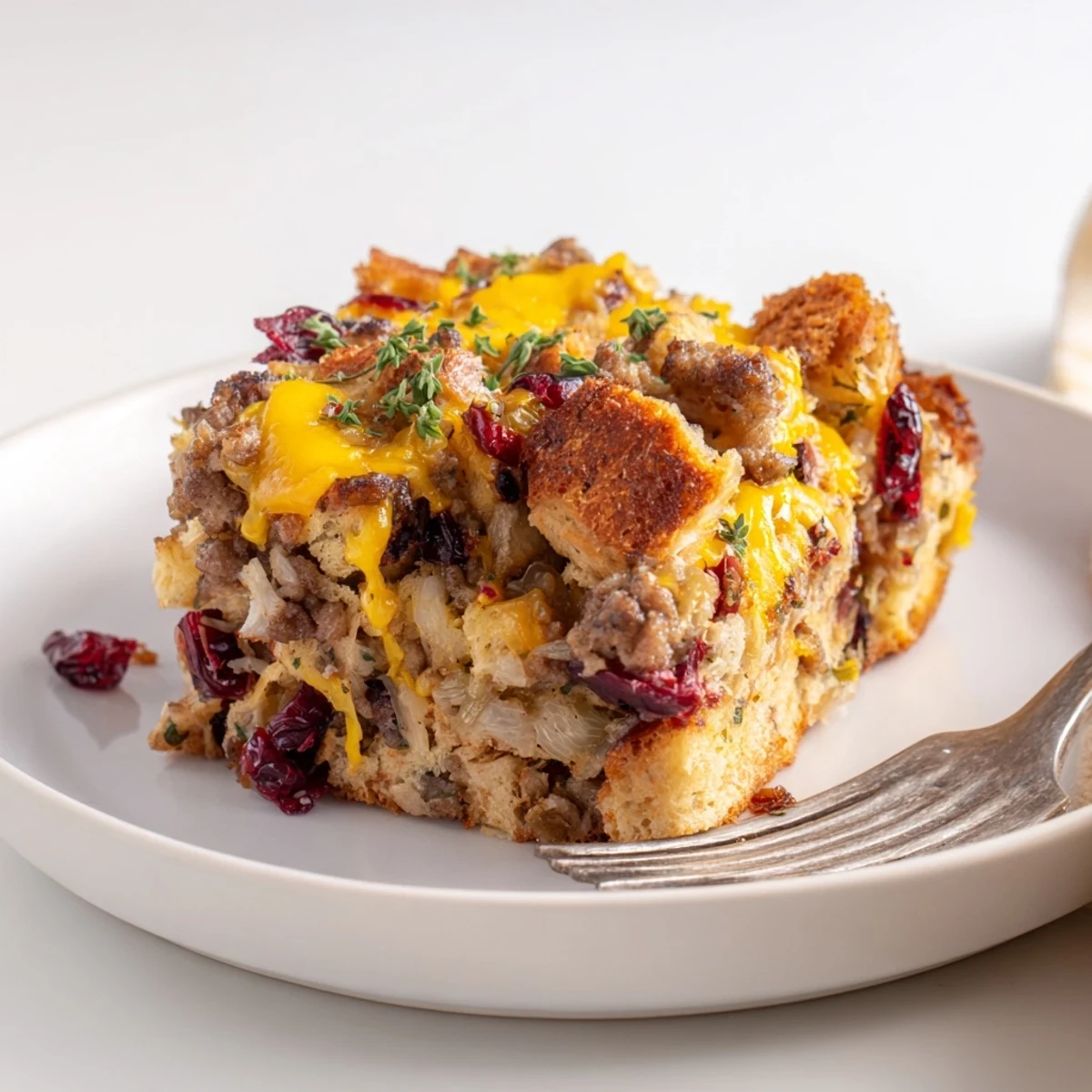 Steaming spoonful of Cranberry Sausage Stuffing Breakfast Casserole served on a festive holiday brunch plate