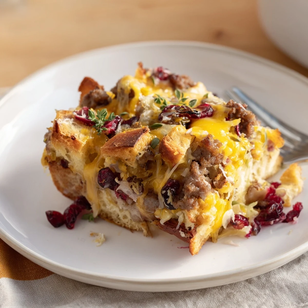 Golden baked Cranberry Sausage Stuffing Breakfast Casserole fresh from the oven with melted cheddar on top