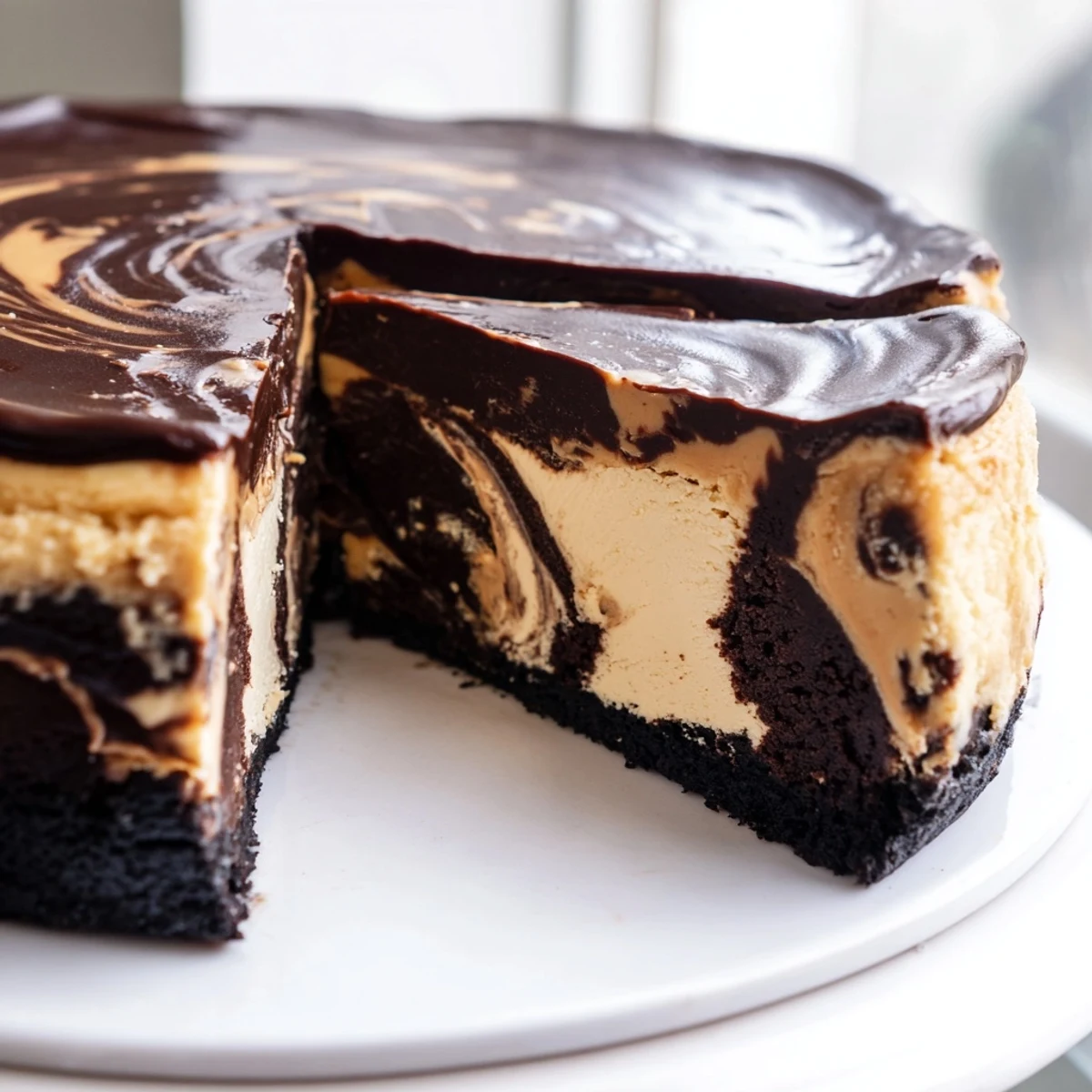 Creamy chocolate peanut butter cheesecake sliced and drizzled with rich dark ganache