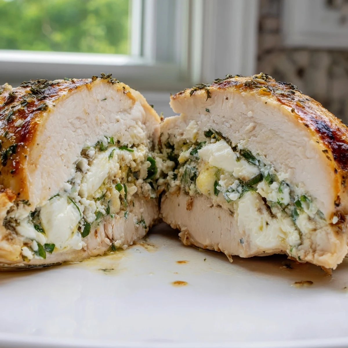 Creamy goat cheese chicken fresh from the oven on a rustic plate